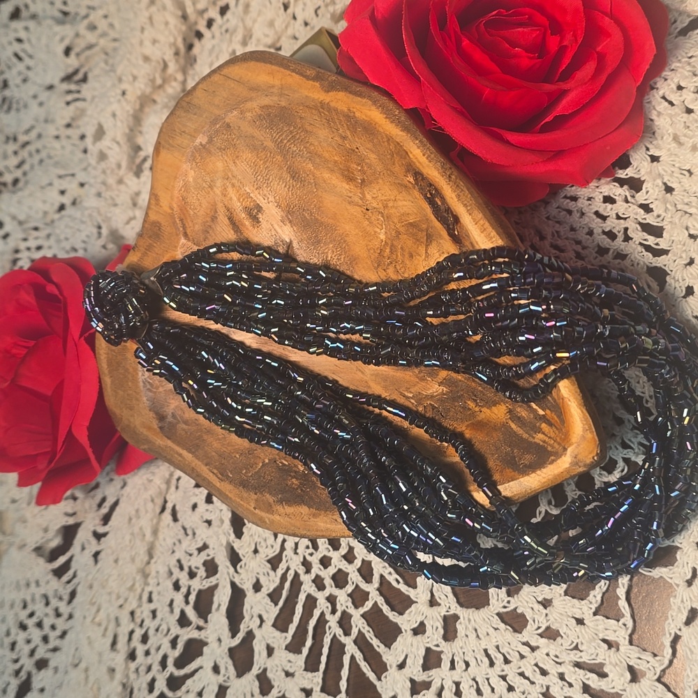 Vintage Multi-Strand Black Seed Bead Necklace with Rose Knot Clasp - Iridescent